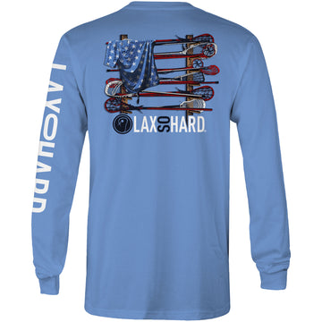 Lacrosse Stick American Flag Long Sleeve T-Shirt - Blue