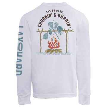 Kids Churnin & Burnin Lacrosse Long Sleeve T-Shirt - White