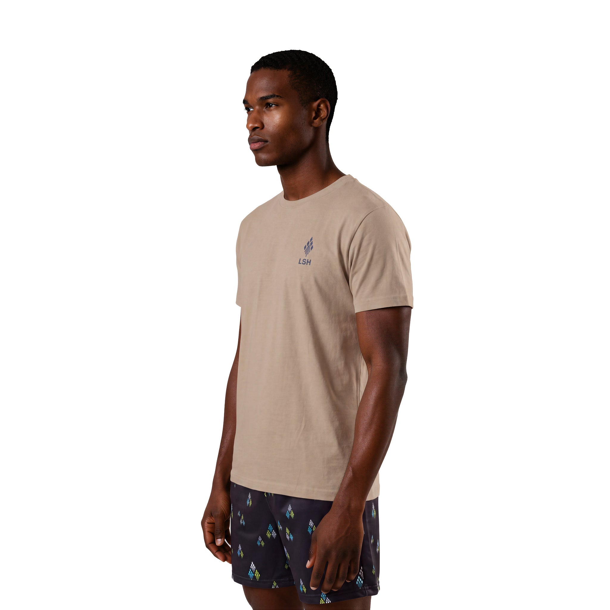 Mens tan scene-print lacrosse t-shirt 3/4 front