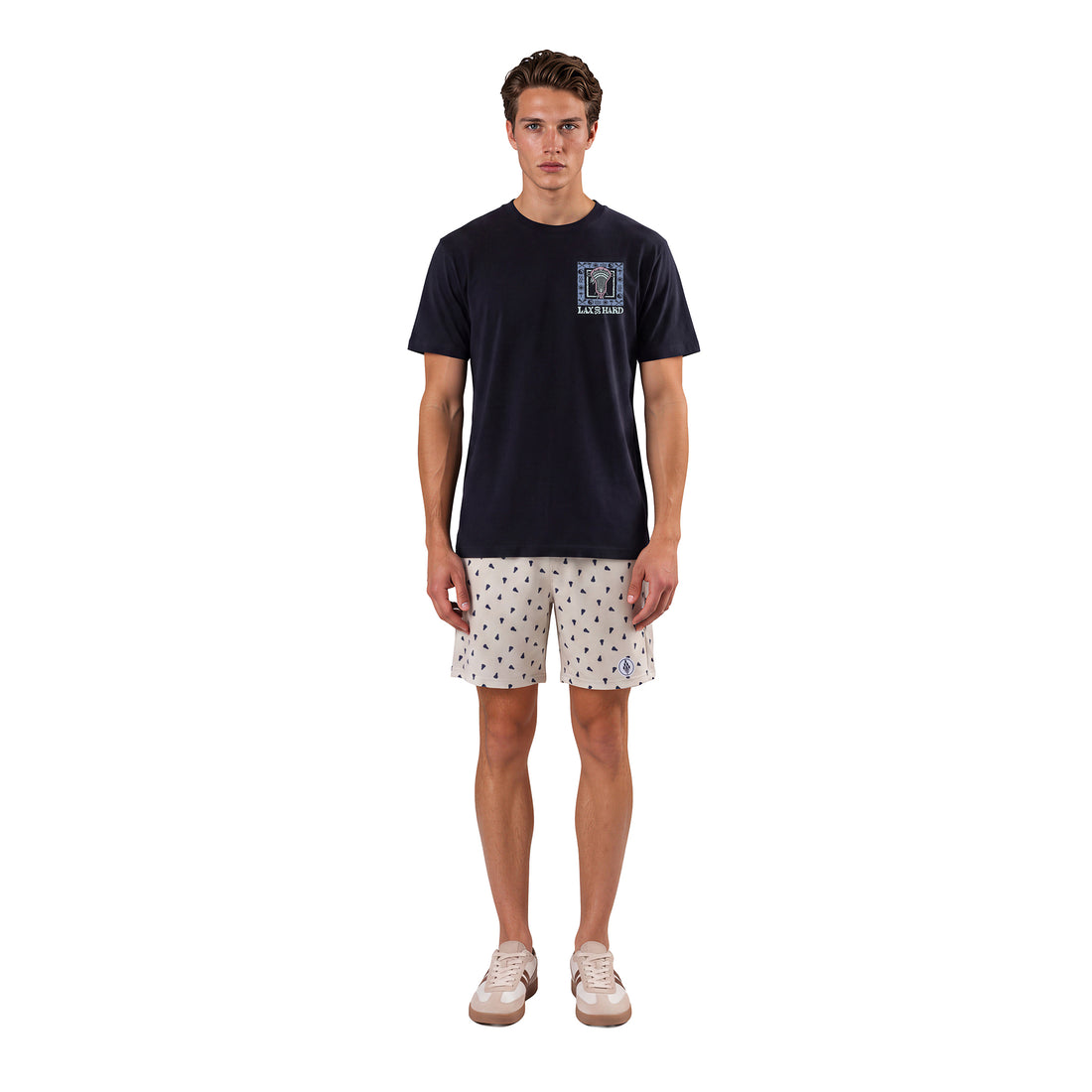 Mens khaki prep lacrosse shorts showing front view