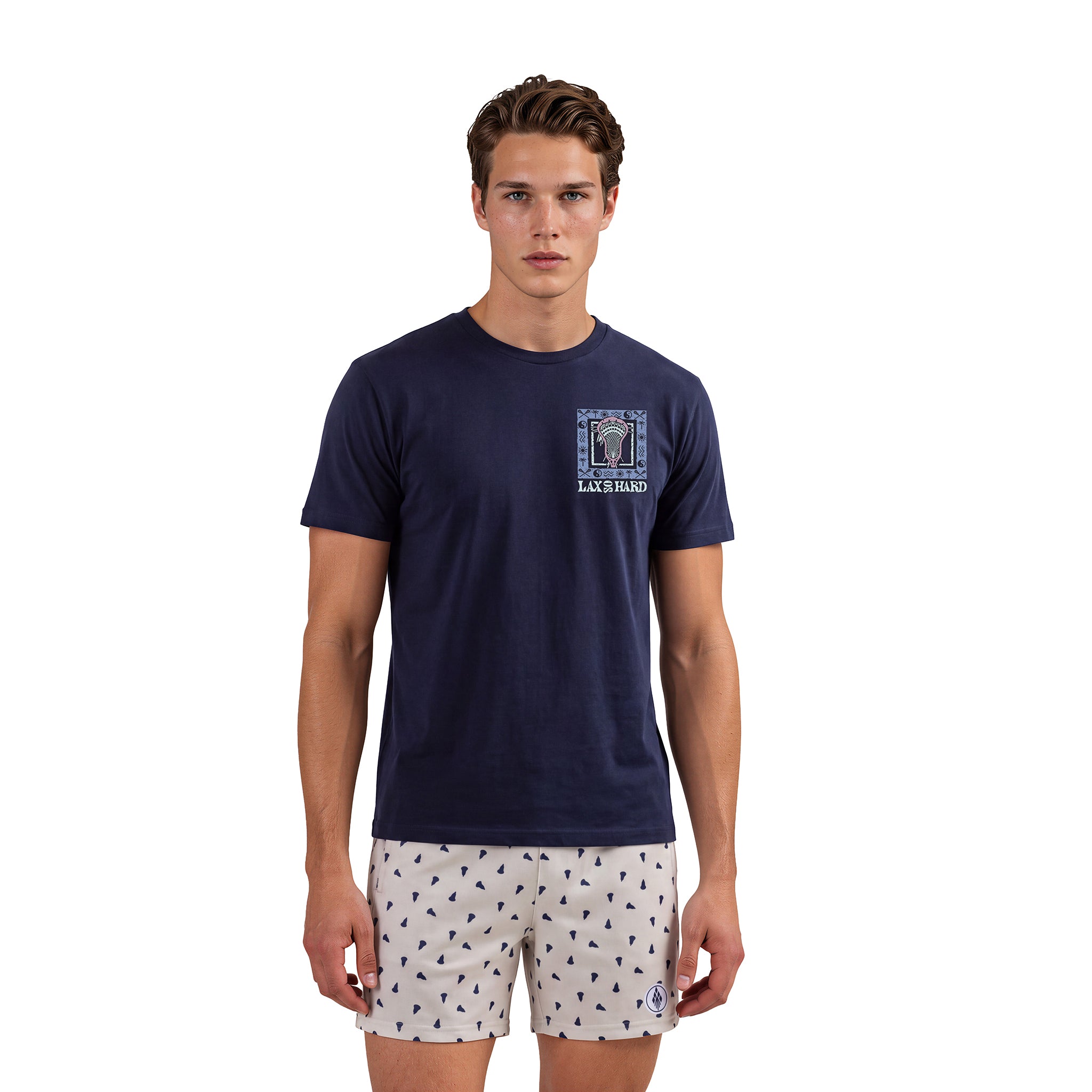 Mens khaki prep lacrosse shorts showing front view