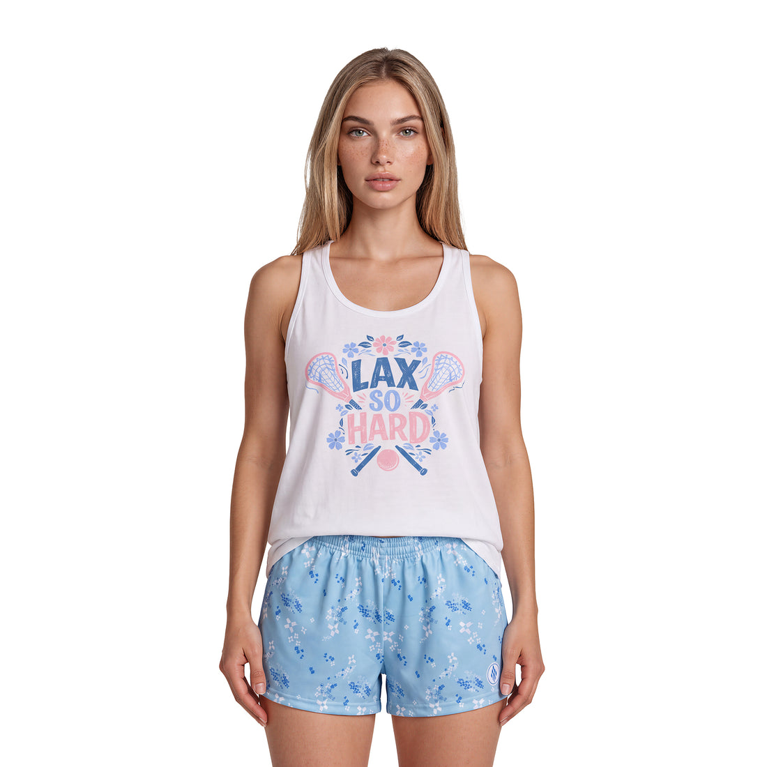 Womens blue lacrosse dodge shorts half front