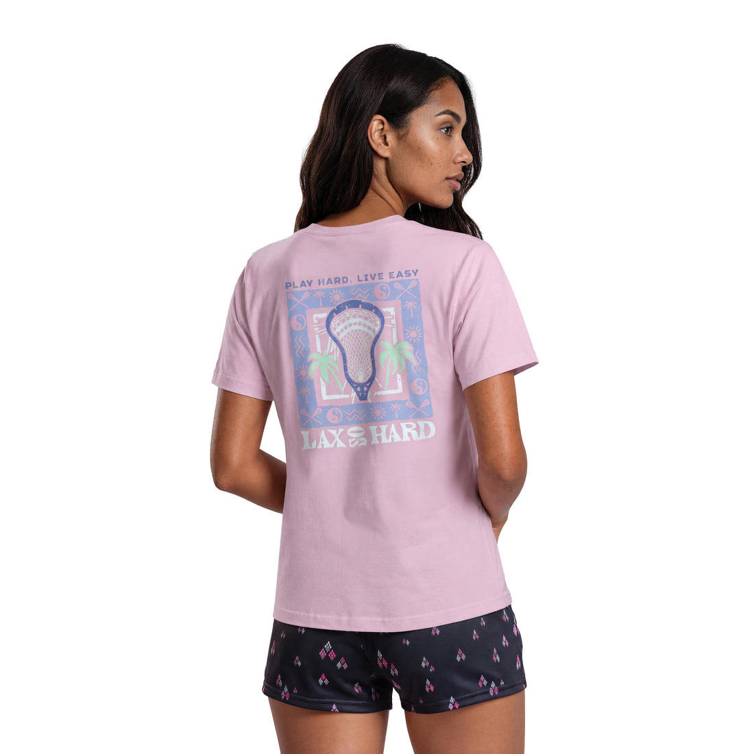 Womens pink California-graphic lacrosse t-shirt back