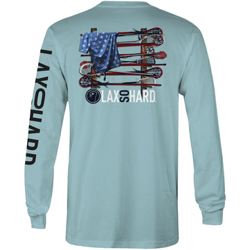 Lacrosse Stick American Flag Long Sleeve T-Shirt - Cool Mint