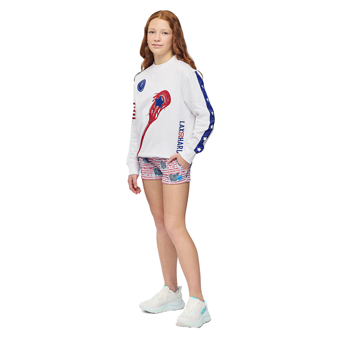 girls youth lacrosse shorts red white and blue with pockets