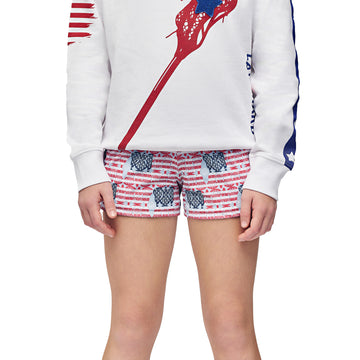girls youth lacrosse shorts red white and blue with pockets