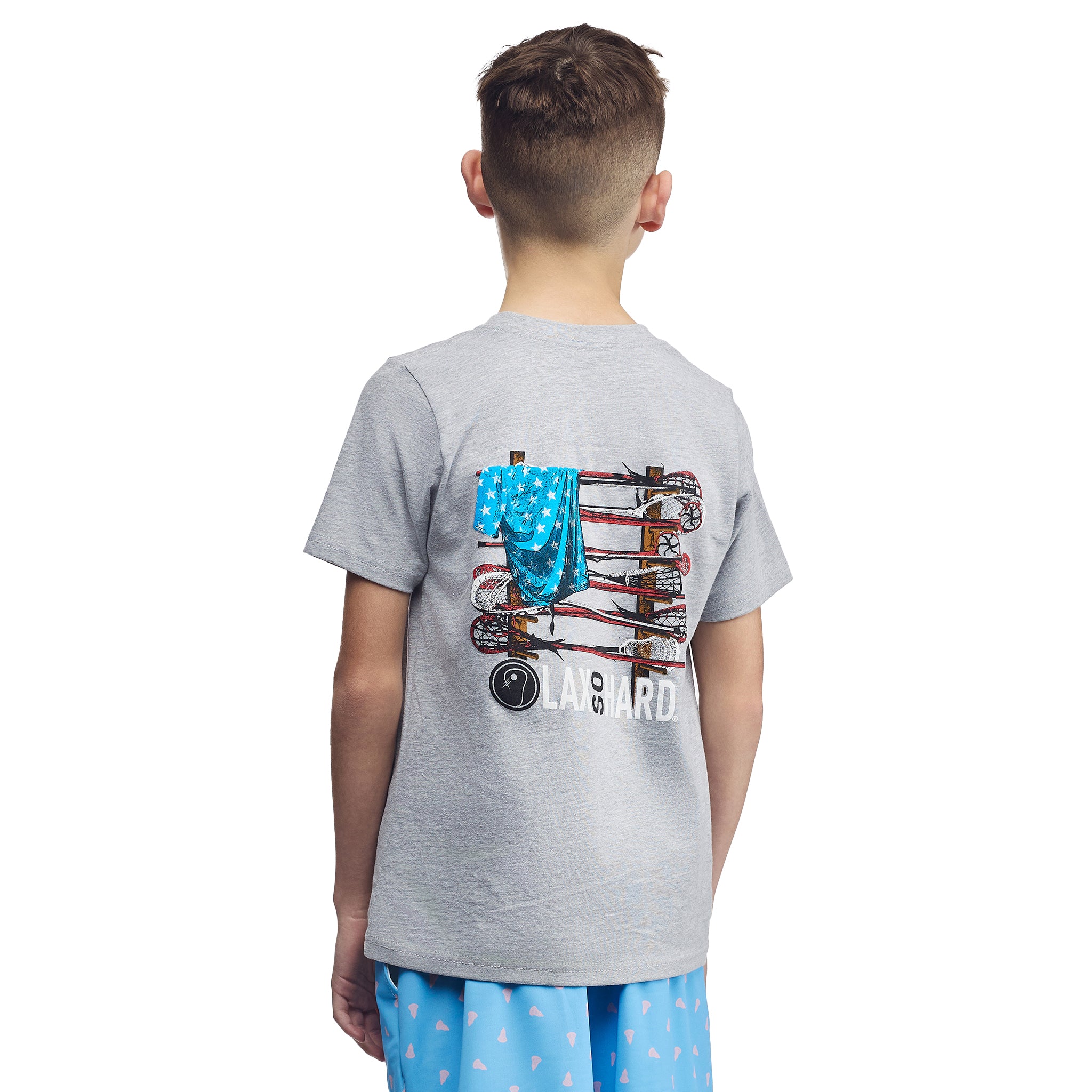 Kids Lacrosse Stick American Flag T-Shirt - Gray