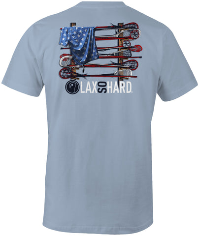 Mens Lacrosse Stick American Flag T-Shirt - Light Blue